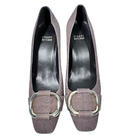 STUART WEITZMAN The Tube Textured Brown Napa Gold Buckle Square Toe Pumps Sz 7.5 - Picture 5 of 16